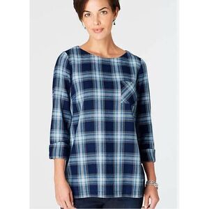 J Jill Size small Indigo Blue Plaid Tunic Top Back Button Long Sleeves Women’s